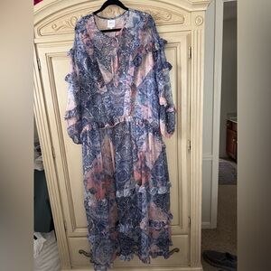 Floral Ruffle Tiered Maxi Dress - Blue & Pink